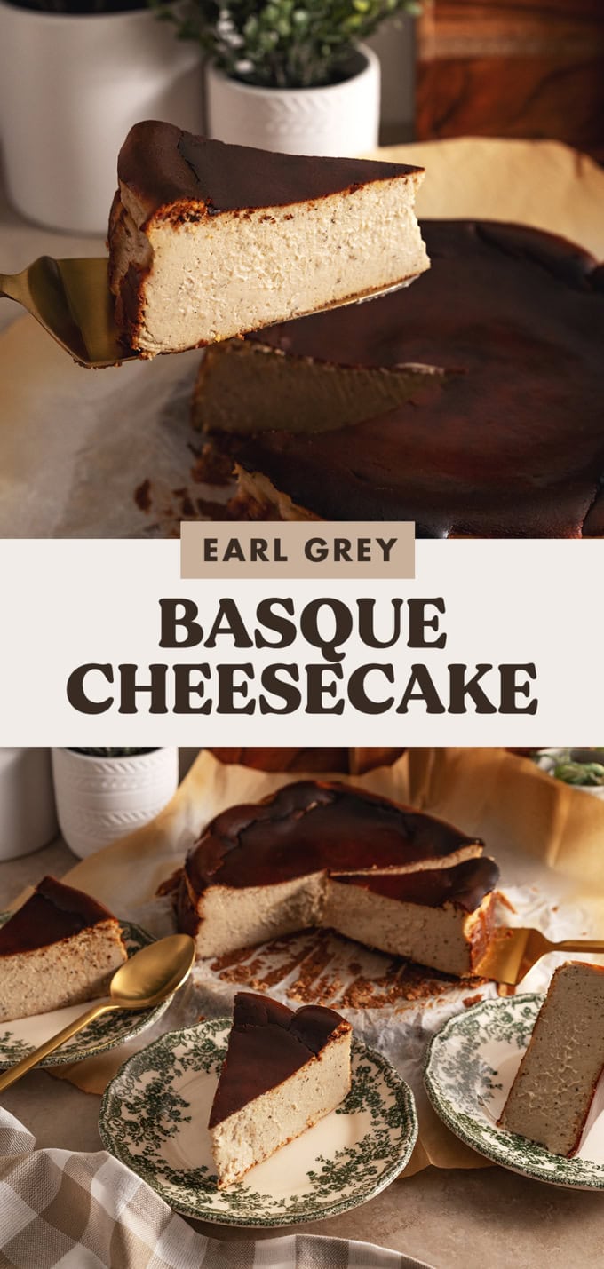 Two images of an earl grey basque cheesecake with a text overlay.