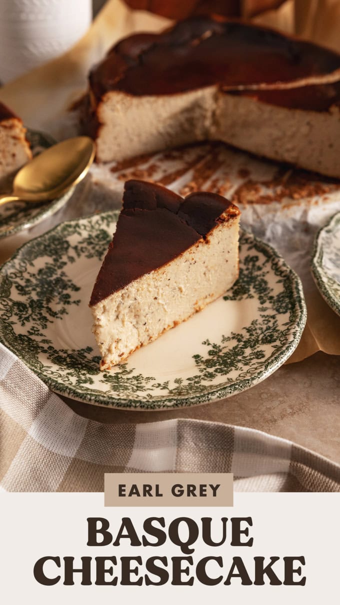 A slice of earl grey basque cheesecake on a floral plate.