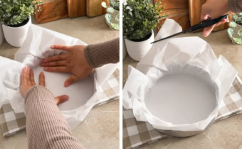 Left: hands pressing parchment paper into a cake pan. Right: trimming excess parchment paper with scissors.