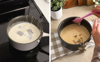 Left: tea bags in a pot of whipping cream. Right: squeezing steeped cream out of tea bags in a pot with a spatula.