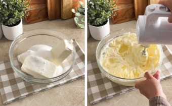 Left: cream cheese blocks and sugar in a mixing bowl. Right: mixing cream cheese with a hand mixer.