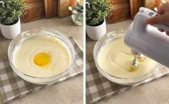Left: an egg cracked into a bowl of cheesecake batter. Right: mixing cheesecake batter with a hand mixer.