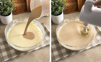 Left: pouring earl grey cream into a bowl of cheesecake batter. Right: mixing earl grey cheesecake batter with a hand mixer.
