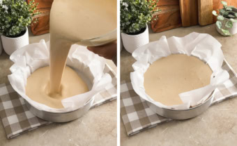 Left: pouring cheesecake batter into a lined pan. Right: a lined pan filled with batter.