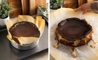 Left: a basque cheesecake immediately after taking it out of the oven. Right: hand peeling back parchment paper around a cooled basque cheesecake.