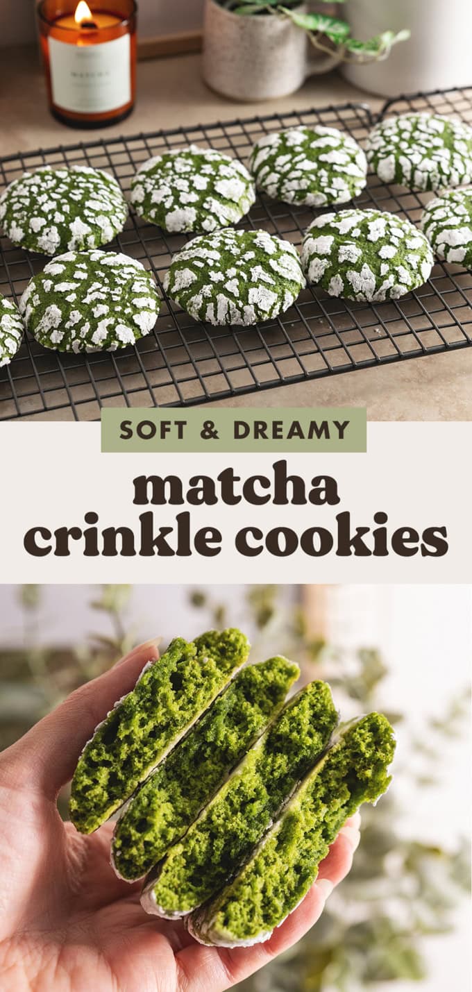 Two images of cookies with a text overlay that says "soft and dreamy matcha crinkle cookies".