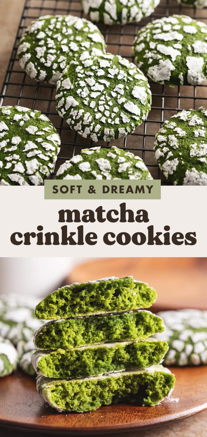 Two images of cookies with a text overlay that says "soft and dreamy matcha crinkle cookies".