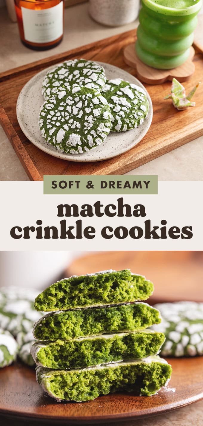 Two images of cookies with a text overlay that says "soft and dreamy matcha crinkle cookies".