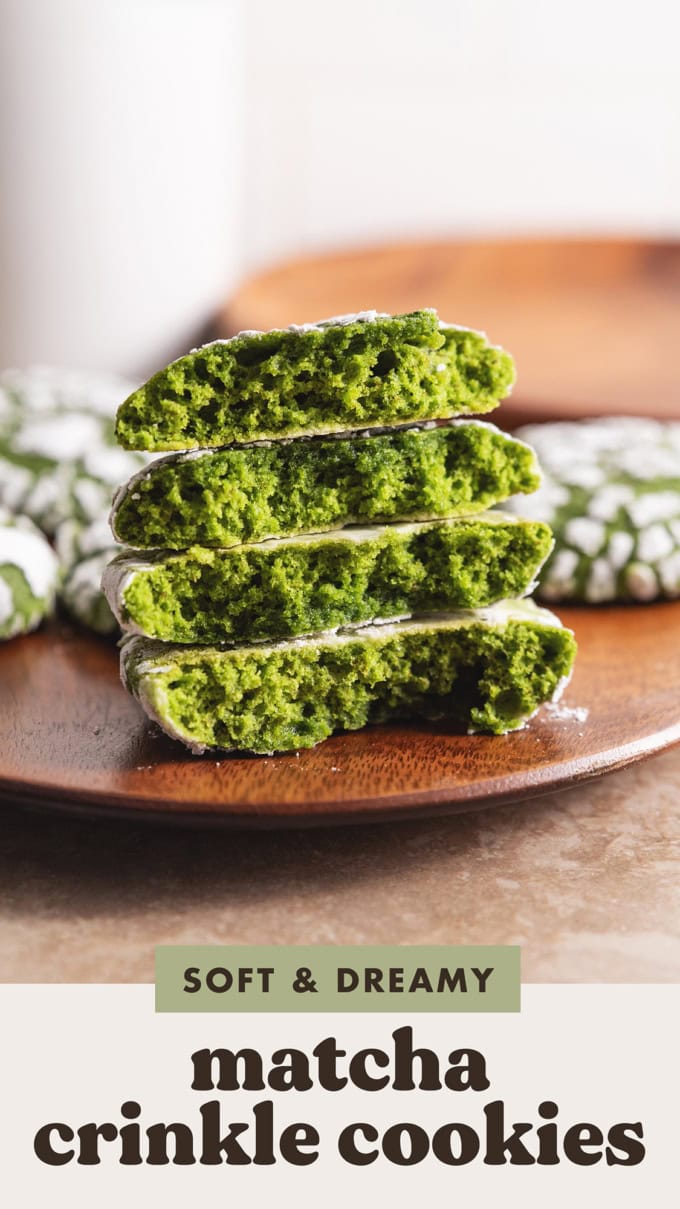 A stack of matcha crinkle cookies cut in half to show the fluffy texture inside.