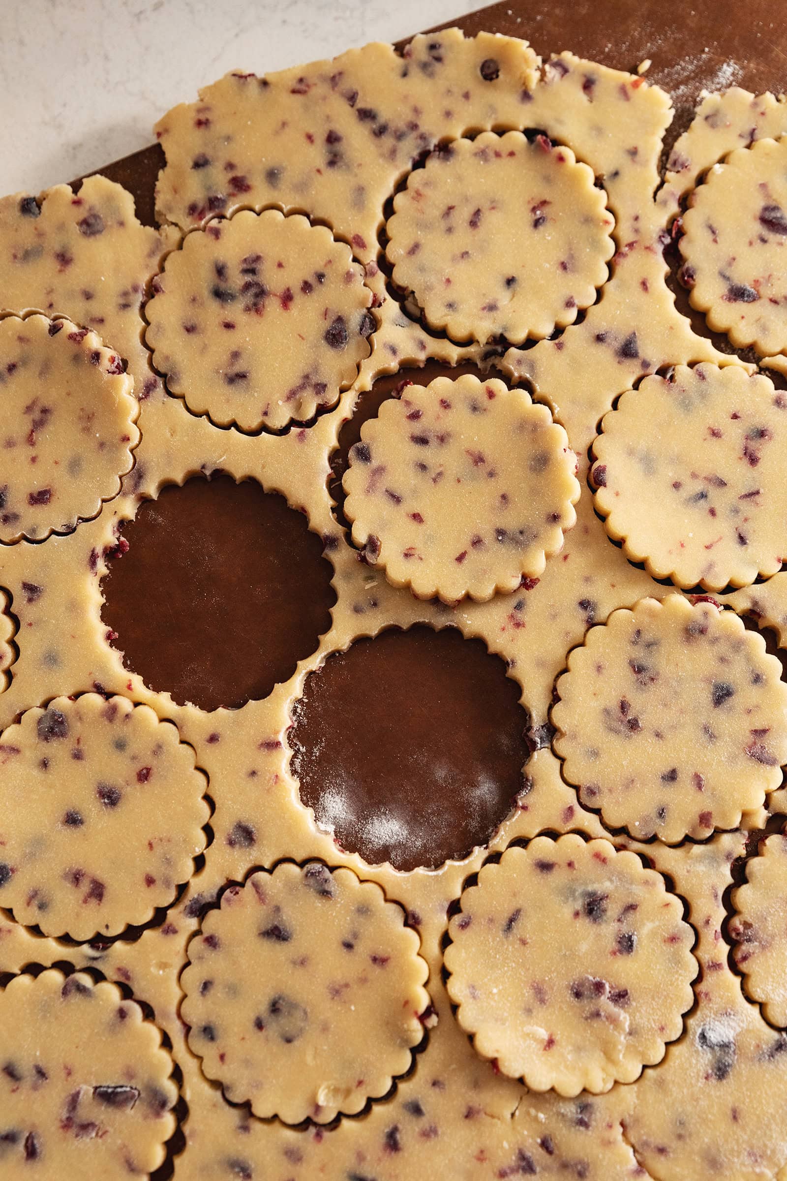 Cranberry cookie dough with scalloped rounds cut out of it.