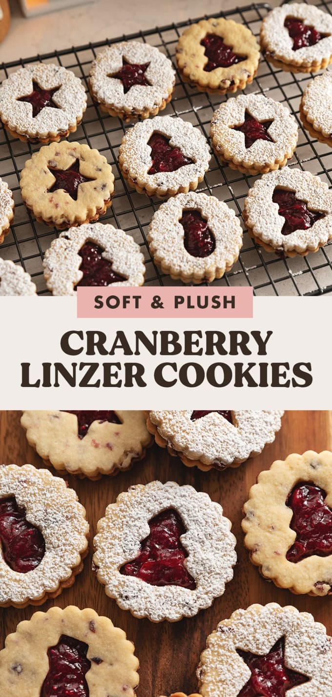 Two images of cranberry linzer cookies with a text overlay that says "soft and plush cranberry linzer cookies".