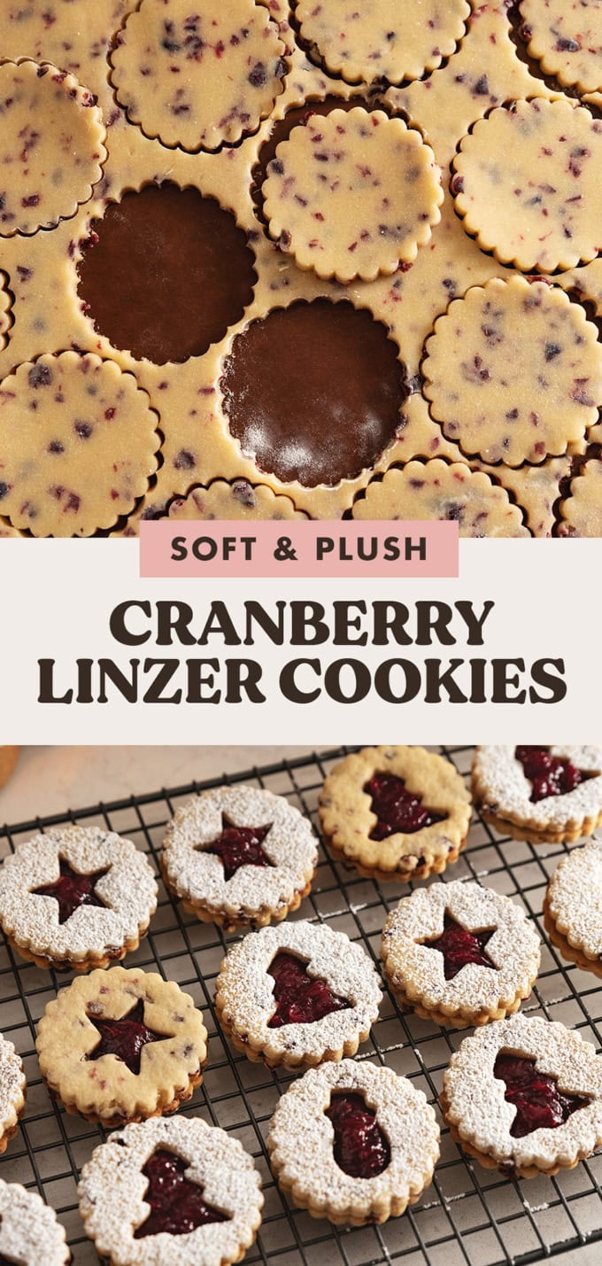 Two images of cranberry linzer cookies with a text overlay that says "soft and plush cranberry linzer cookies".