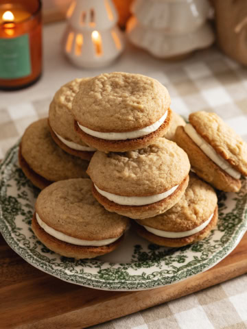 Eggnog sandwich cookies piled up on a plate on a kitchen counter.