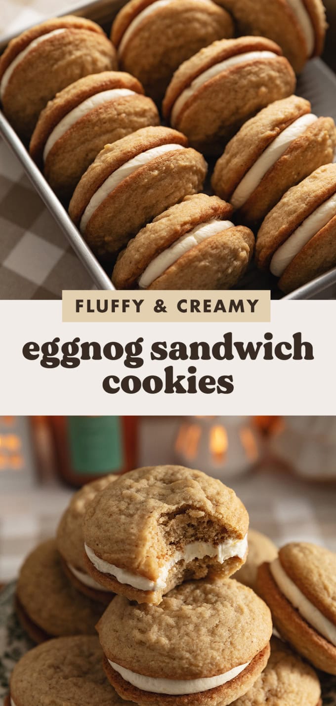Two images of eggnog sandwich cookies with a text overlay that says "fluffy and creamy eggnog sandwich cookies".