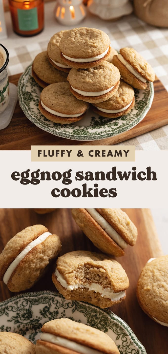 Two images of eggnog sandwich cookies with a text overlay that says "fluffy and creamy eggnog sandwich cookies".