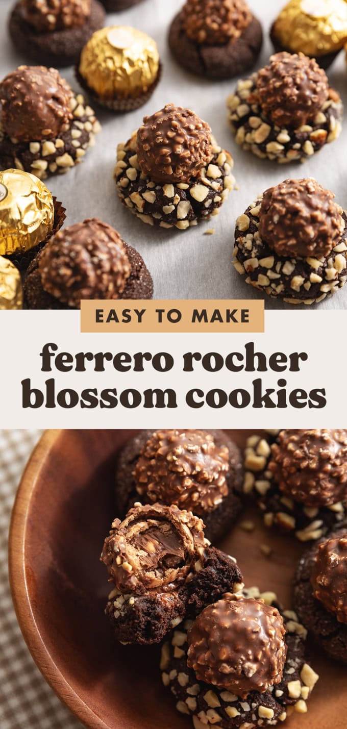 Two images of ferrero rocher blossom cookies with a text overlay that says "easy to make ferrero rocher blossom cookies".
