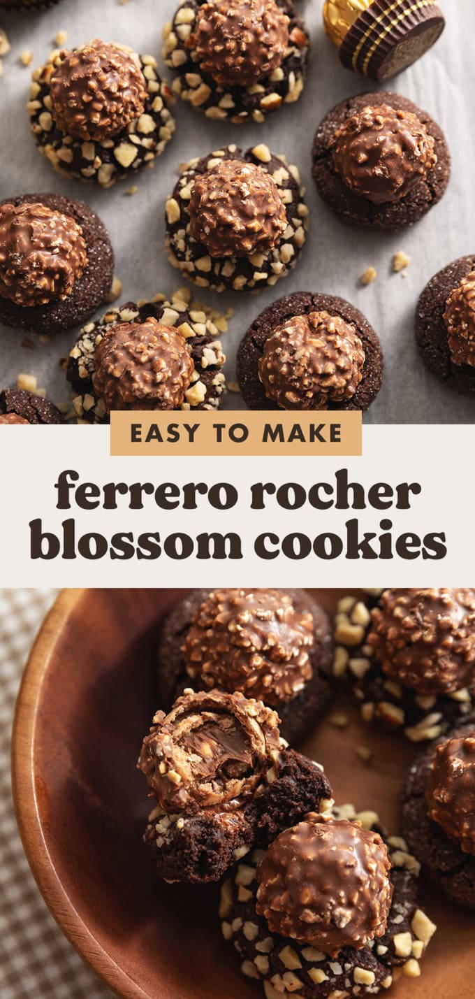 Two images of ferrero rocher blossom cookies with a text overlay that says "easy to make ferrero rocher blossom cookies".