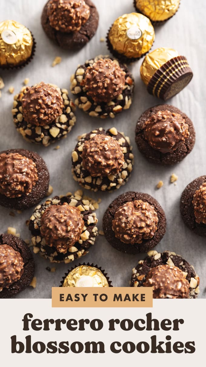 Overhead view of ferrero rocher blossom cookies scattered on parchment paper.