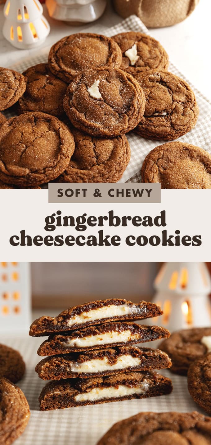 Two images of gingerbread cheesecake cookies with a text overlay that says "soft and chewy gingerbread cheesecake cookies".