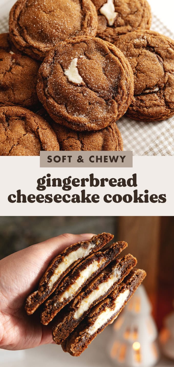 Two images of gingerbread cheesecake cookies with a text overlay that says "soft and chewy gingerbread cheesecake cookies".