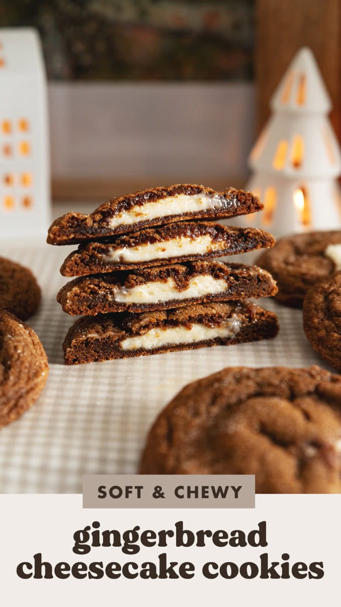A stack of gingerbread cheesecake cookies cut in half to show the cheesecake filling inside.