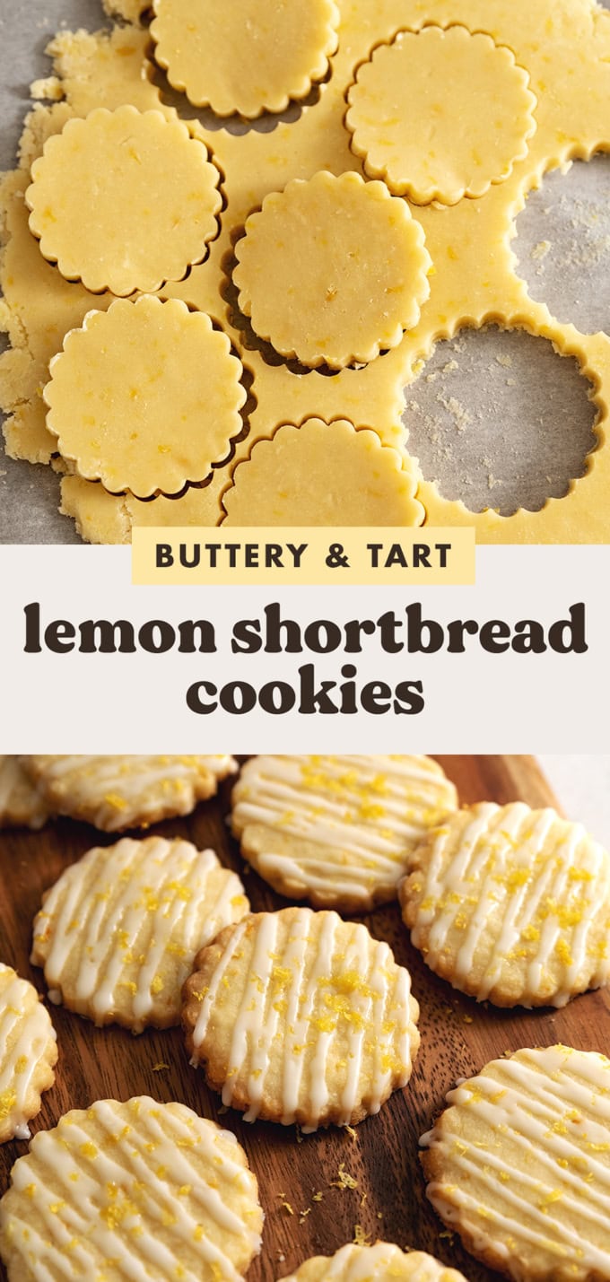 Two images of lemon shortbread cookies with a text overlay that says "buttery and tart lemon shortbread cookies".