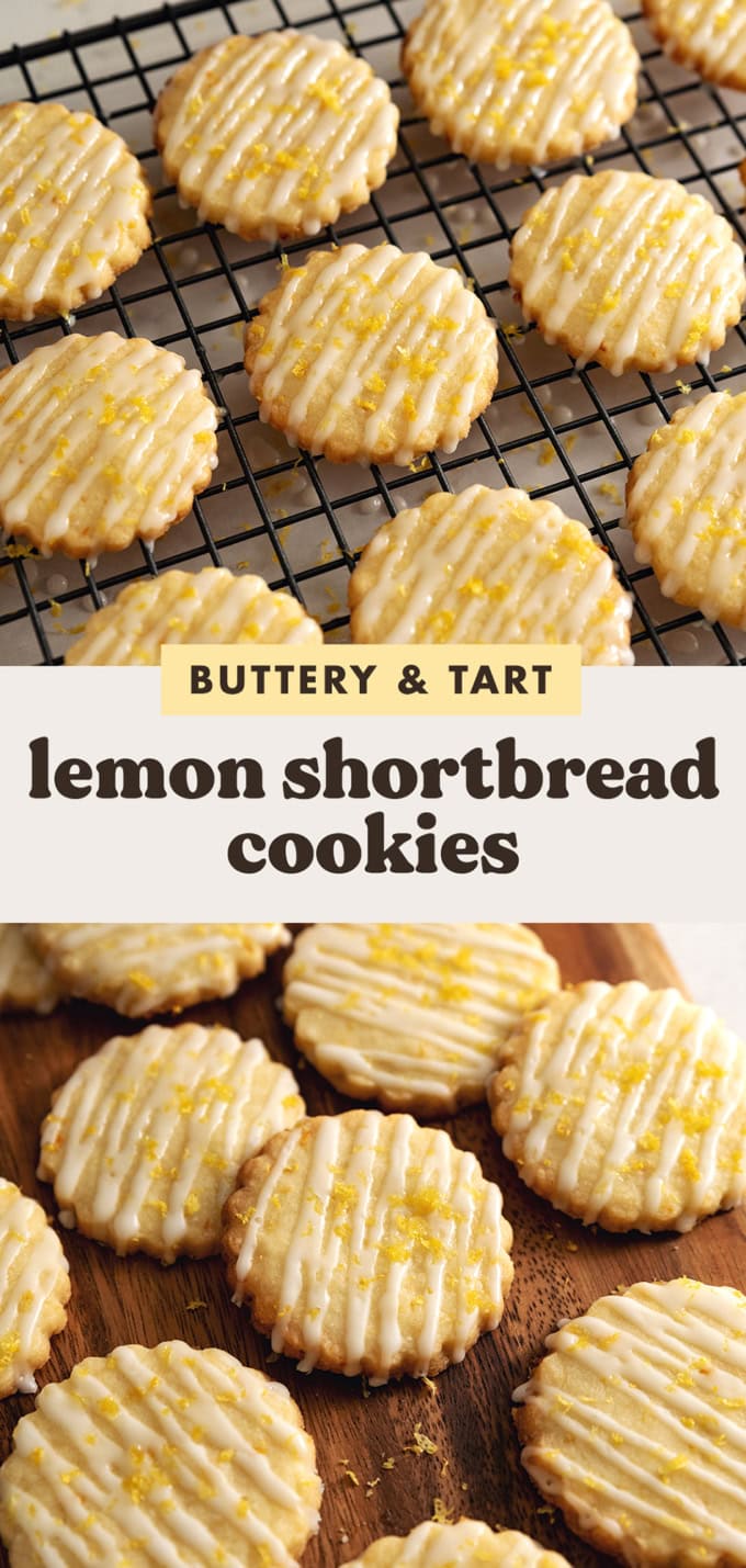 Two images of lemon shortbread cookies with a text overlay that says "buttery and tart lemon shortbread cookies".