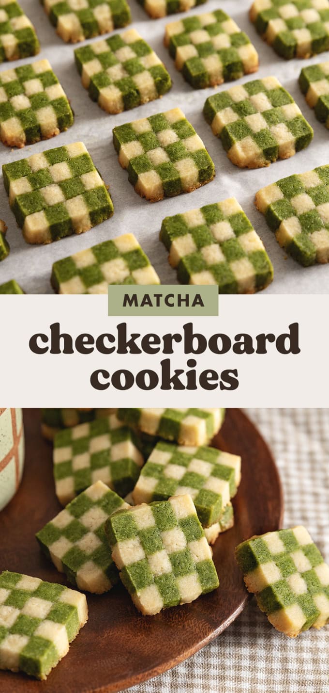 Two images of matcha checkerboard cookies with a text overlay.