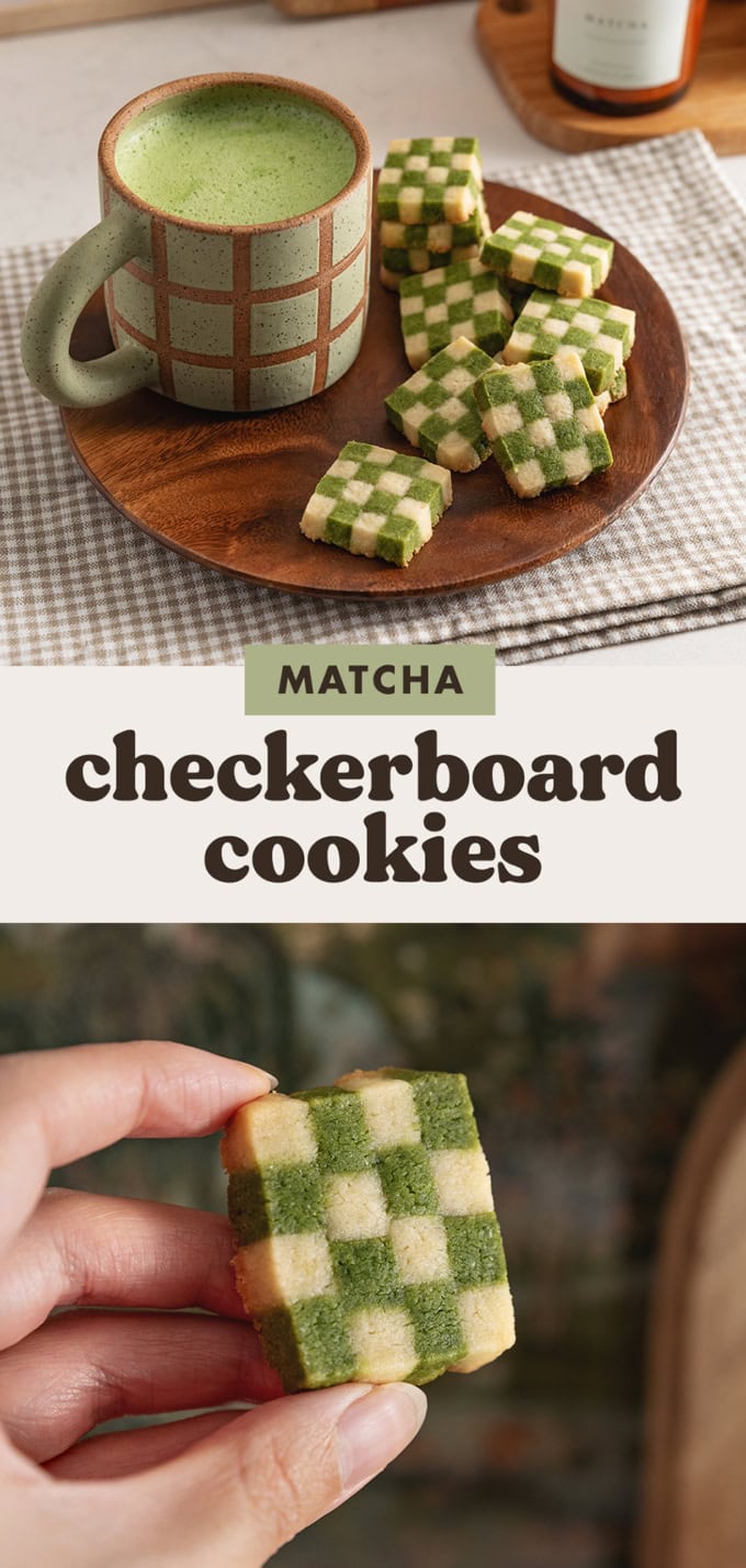Two images of matcha checkerboard cookies with a text overlay.
