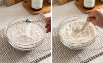 Left: pouring a spoonful of salt into a bowl of flour. Right: stirring flour mixture with a spoon.