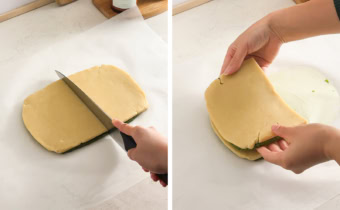 Left: cutting a stack of dough in half. Right: hands laying one stack of dough on top of another stack of dough.