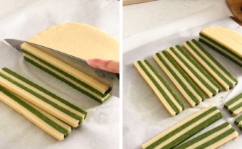 Left: slicing layered dough into strips. Right: strips of striped dough laying on parchment paper.