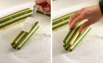 Left: brushing a block of layered cookie dough with egg white. Right: hand laying a strip of dough on top of a block of dough.