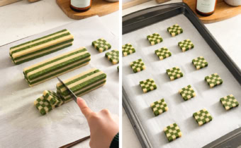 Left: cutting a block of dough into slices. Right: checkerboard cookies lined up on a baking sheet before baking.