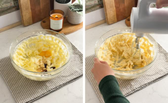 Left: an egg yolk in a bowl of creamed butter. Right: beating butter and sugar together with a hand mixer.