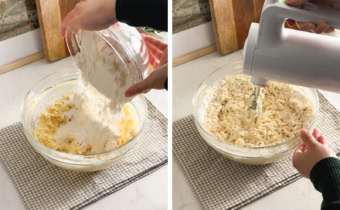 Left: pouring flour into wet mixture. Right: mixing cookie dough with a hand mixer.