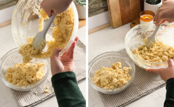 Left: transferring half of the cookie dough to another bowl. Right: two mixing bowls filled with cookie dough.