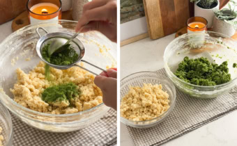 Left: sifting matcha powder into a bowl of cookie dough. Right: two bowls of cookie dough, one plain and one matcha flavoured.