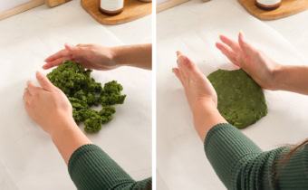 Left: hands pressing matcha dough together. Right: two hands shaping dough into a rectangle.