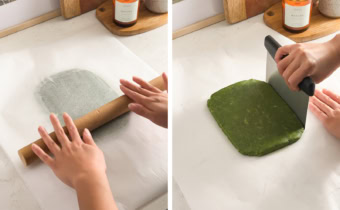 Left: hands rolling out dough with a rolling pin. Right: shaping cookie dough into a rectangle with a bench scraper.
