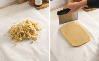 left: cookie dough in a pile on parchment paper. Right: shaping dough into a rectangle with a bench scraper.