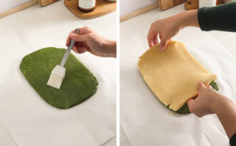 Left: brushing a sheet of dough with egg white. Right: hands laying one sheet of dough on top of another sheet of dough.