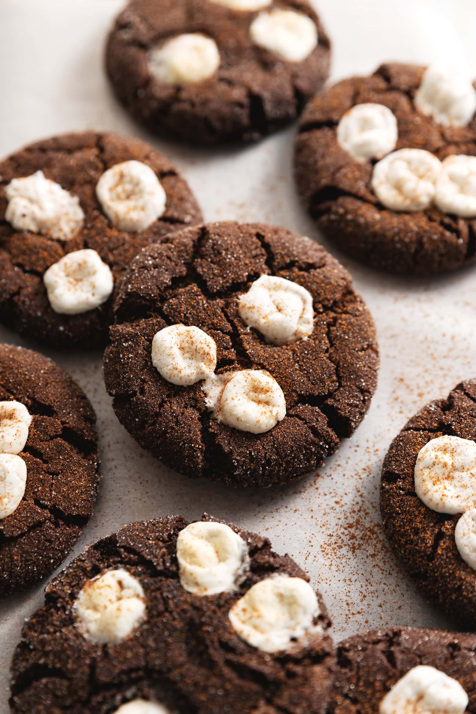 Mexican hot chocolate cookies with marshmallows on top scattered on parchment paper.