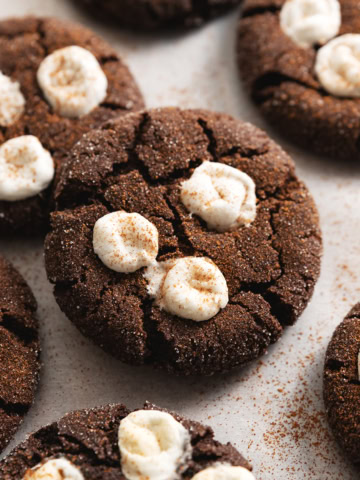 Mexican hot chocolate cookies with marshmallows on top scattered on parchment paper.