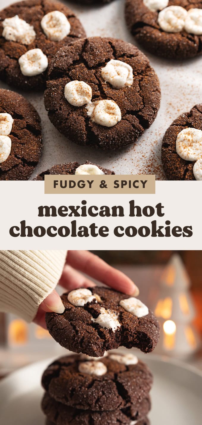 Two images of cookies with a text overlay that says "fudgy and spicy mexican hot chocolate cookies".