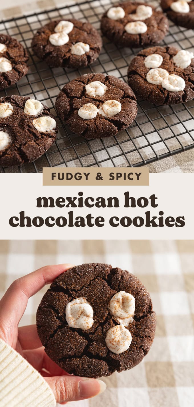 Two images of cookies with a text overlay that says "fudgy and spicy mexican hot chocolate cookies".