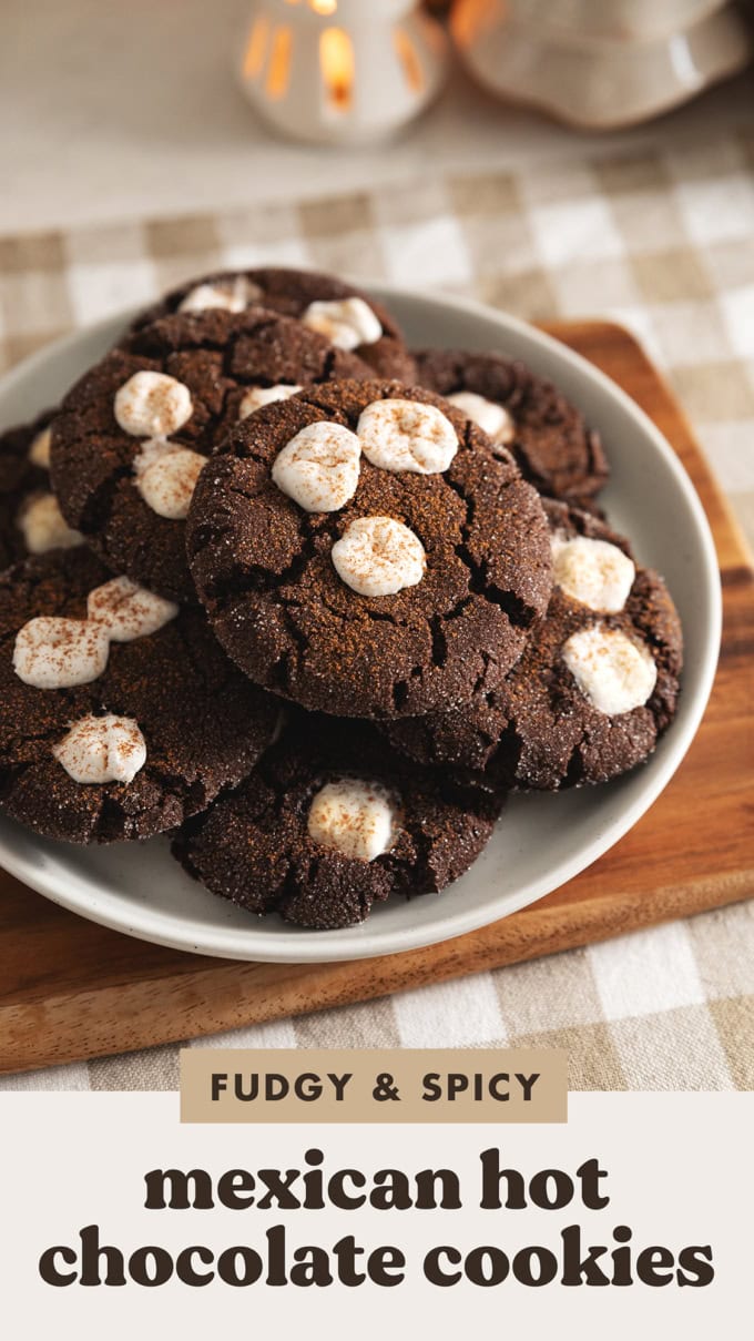 Mexican hot chocolate cookies piled on a plate.