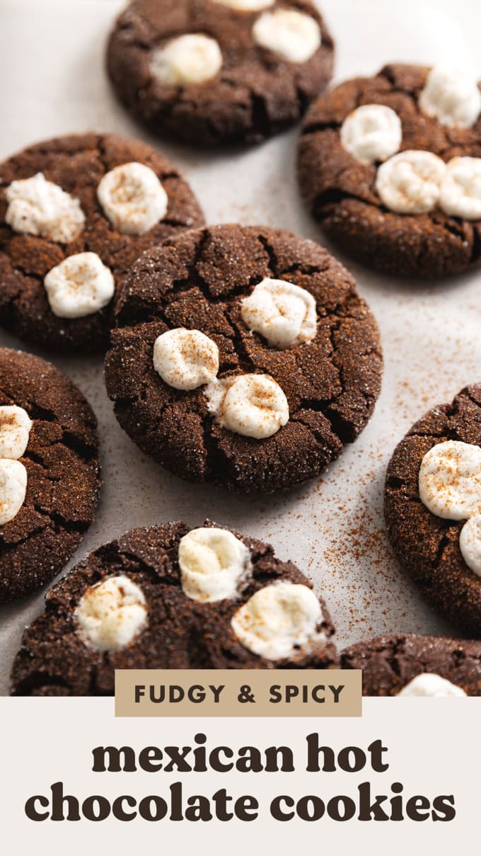 Mexican hot chocolate cookies with marshmallows on top scattered on parchment paper.