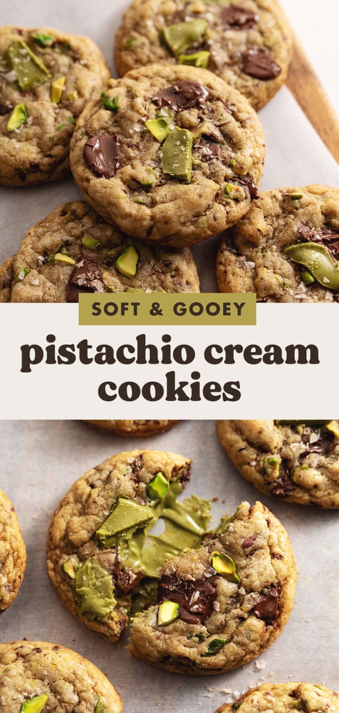 Two images of pistachio cream cookies with a text overlay that says "soft and gooey pistachio cream cookies".