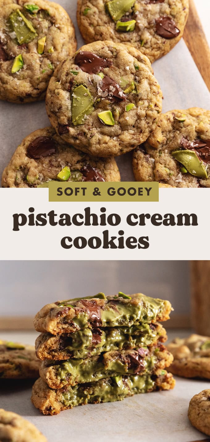 Two images of pistachio cream cookies with a text overlay that says "soft and gooey pistachio cream cookies".